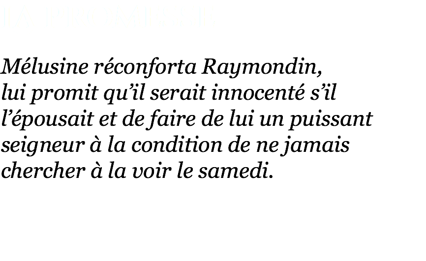 La Promesse Mélusine réconforta Raymondin,  lui promit qu’il serait innocenté s’il l’épousait et de faire de lui un puissant seigneur à la condition de ne jamais chercher à la voir le samedi. 