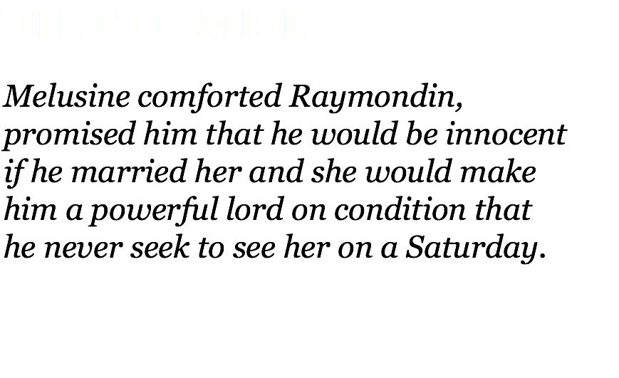 The Promise Melusine comforted Raymondin,  promised him that he would be innocent  if he married her and she would make  him a powerful lord on condition that  he never seek to see her on a Saturday. 