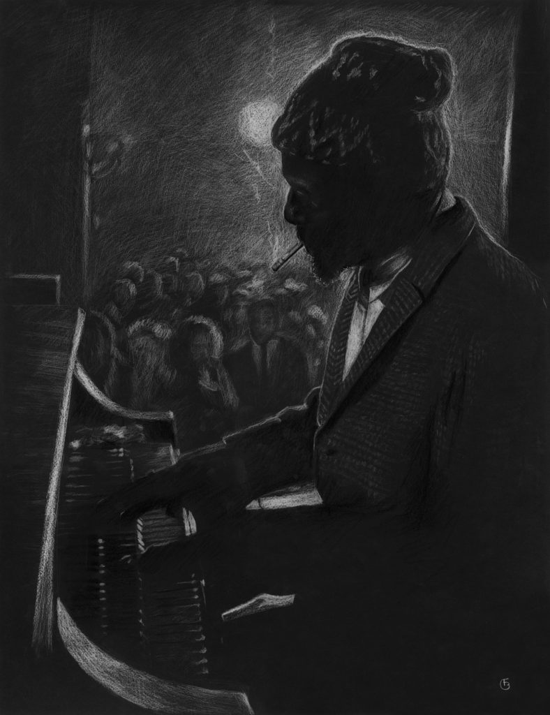 Thelonious Monk dessin Crayon blanc sur canson raisin noir