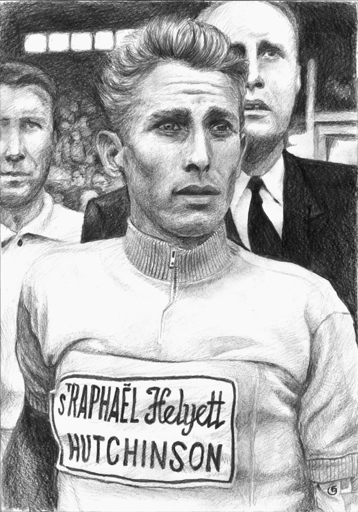 Anquetil, portrait du cycliste au crayon noir sur canson A3 blanc