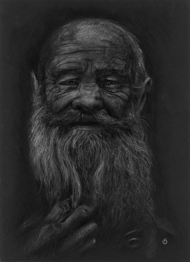 Vieil homme barbu dessin portrait pastels secs