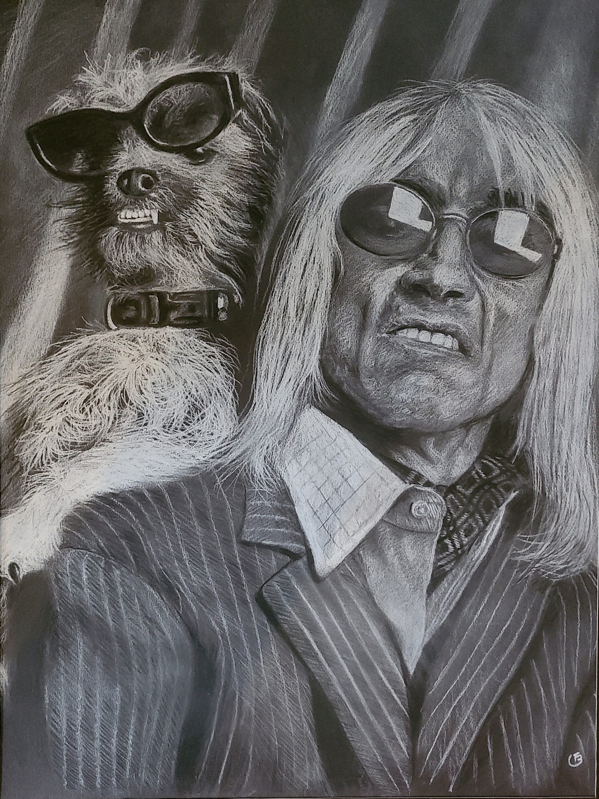 Iggy Pop Stooges Crayon pastel sec blanc sur canson noir 50x65 raisin